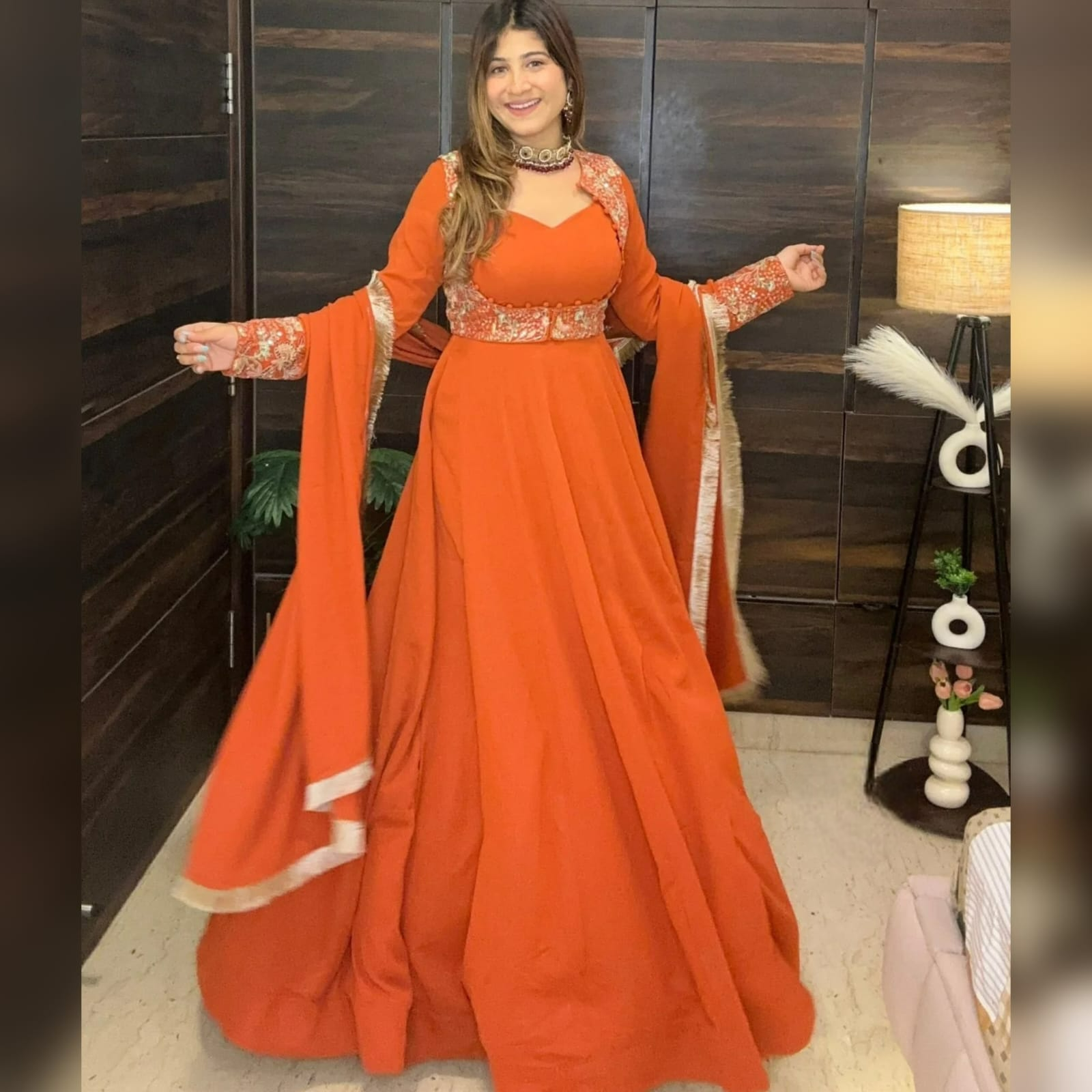 Deep Orange Faux Georgette Anarkali Suit
